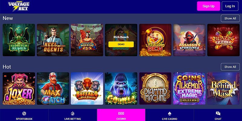 VoltageBet casino lobby (US)